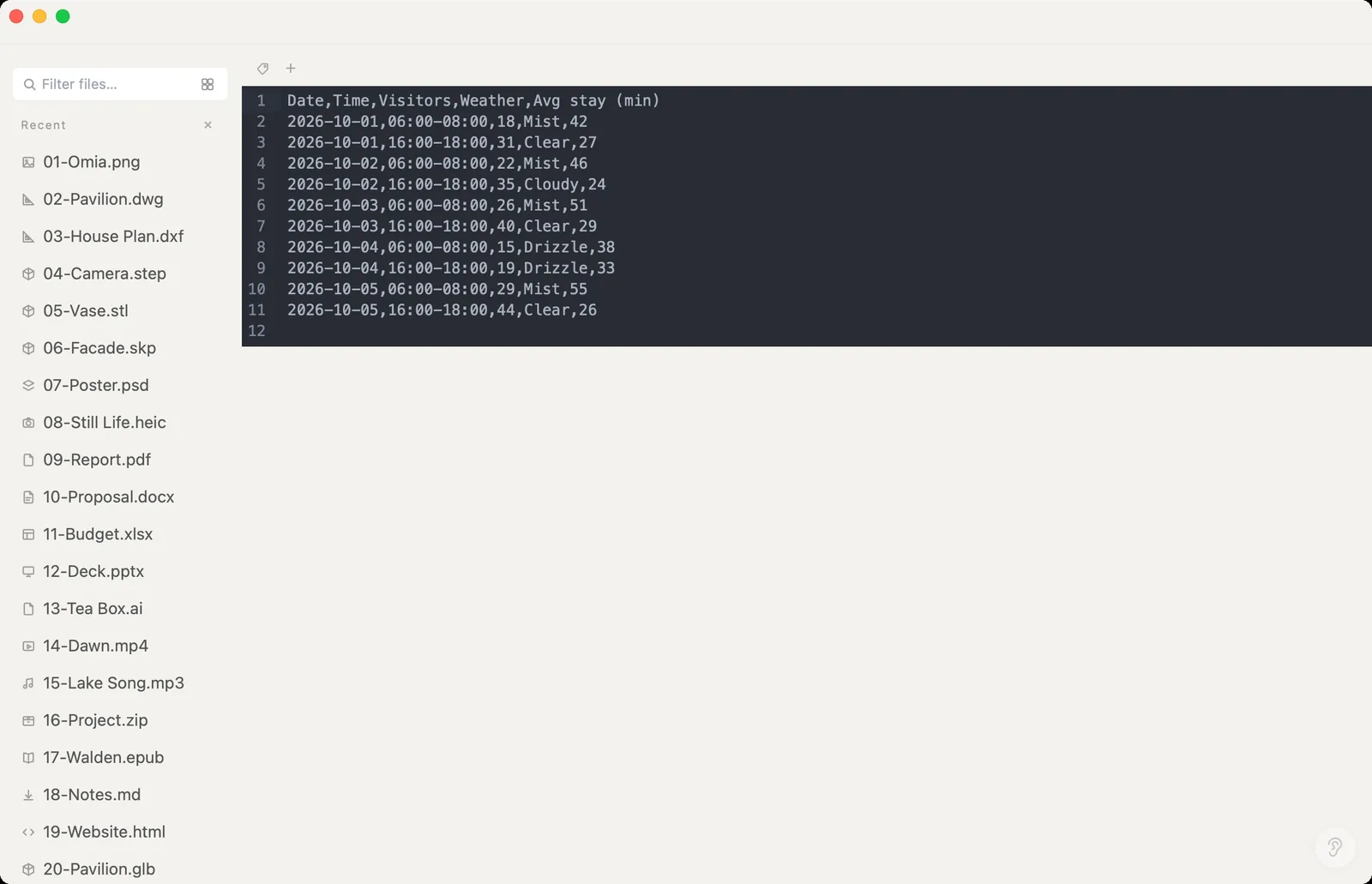 CSV file opened in Omia with line numbers