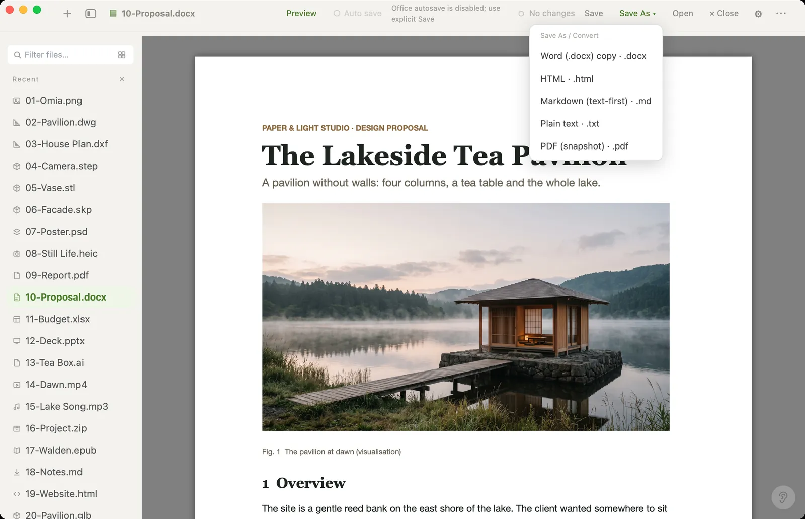 Save As menu in Omia converting a Word file to HTML, Markdown, text or PDF