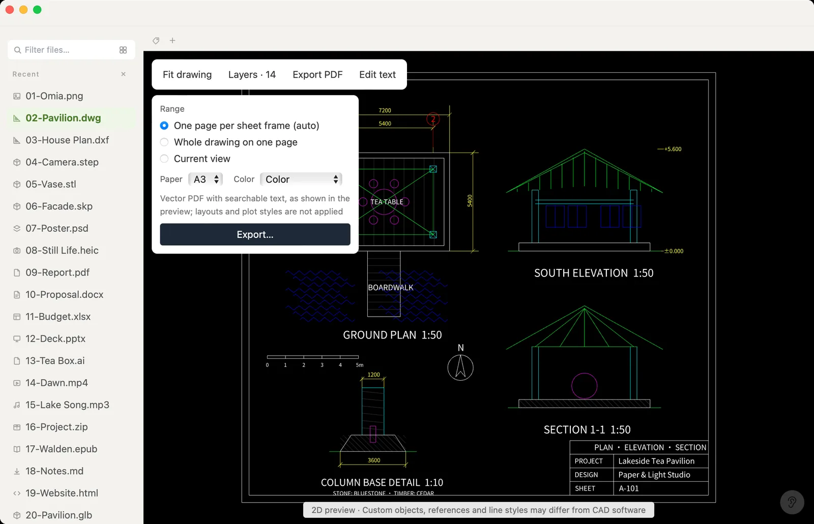 Export PDF panel in Omia over a DWG drawing: one page per sheet frame, paper size, color