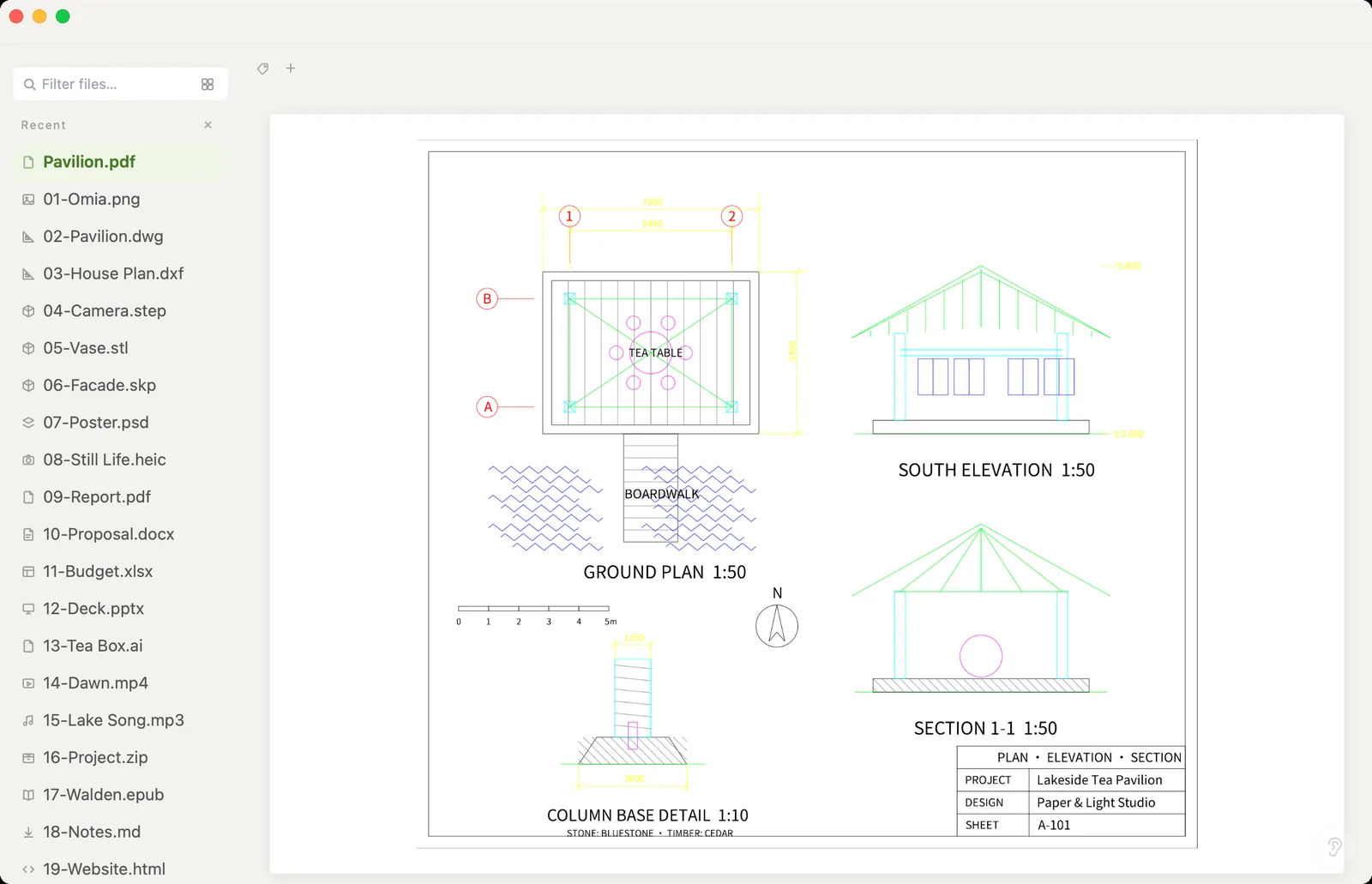 The exported vector PDF of the pavilion drawing opened in Omia