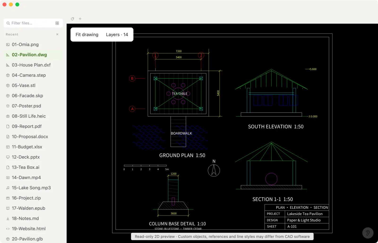 A DWG drawing opened in Omia on a Mac, with the layer list