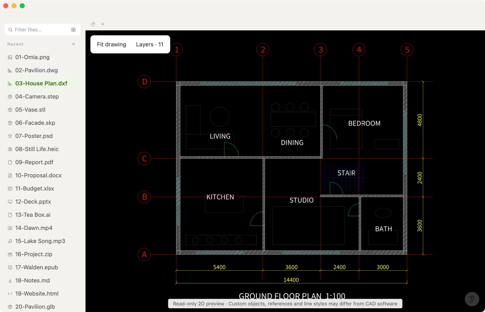 DXF floor plan opened in Omia