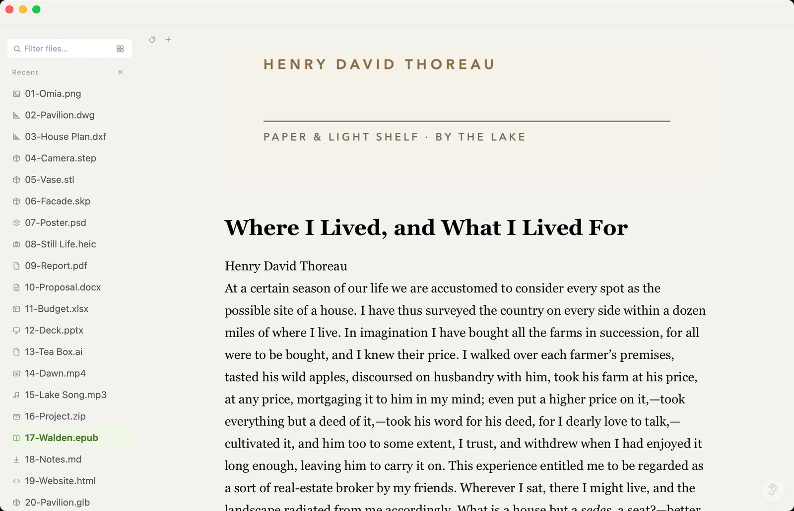 EPUB book (Walden by Thoreau) open for reading in Omia