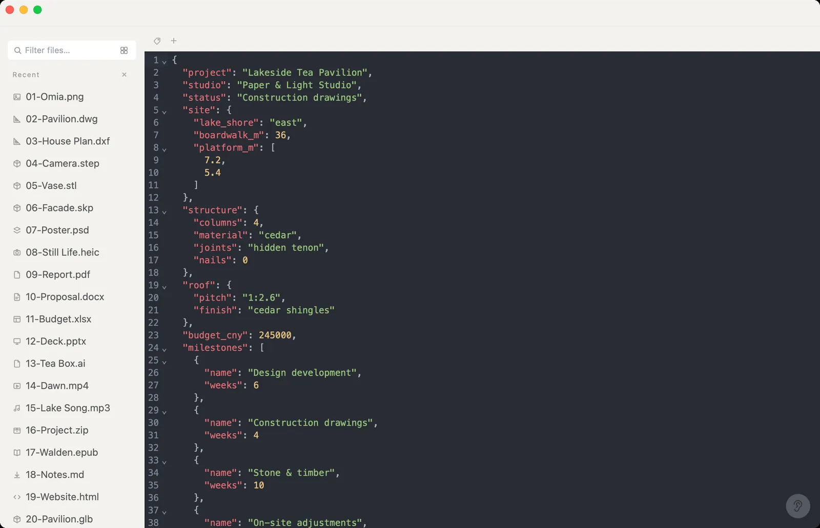 JSON file with syntax highlighting and folding in Omia