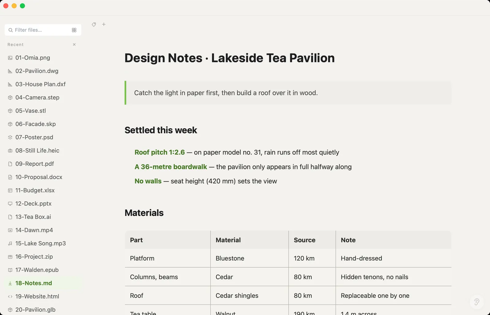 Markdown design notes rendered in Omia