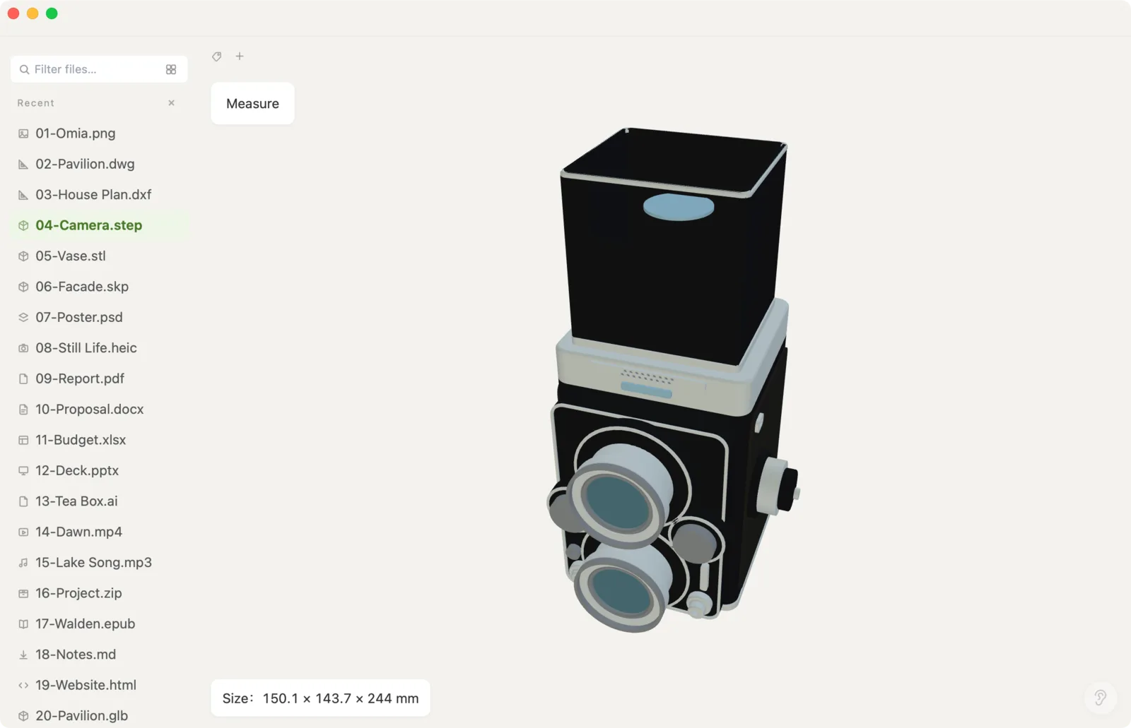 STEP 3D model opened in Omia with dimensions shown