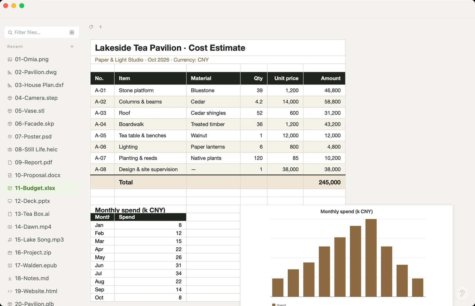 Excel .xlsx cost estimate with a chart opened in Omia